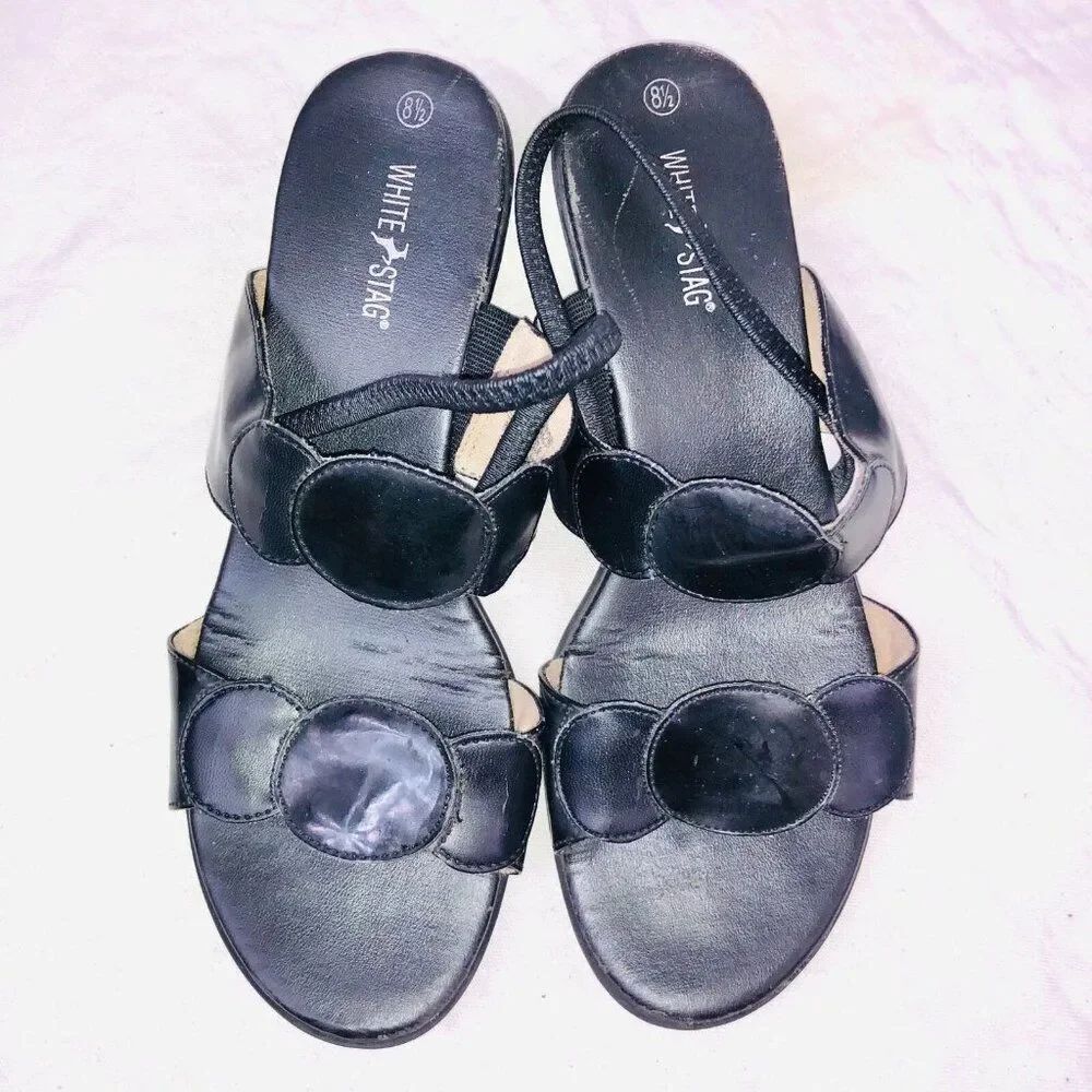 Vintage 90s Womens Shoes 8 1/2 Black Sandals Strap Slip On 1.5" Heel Cathy